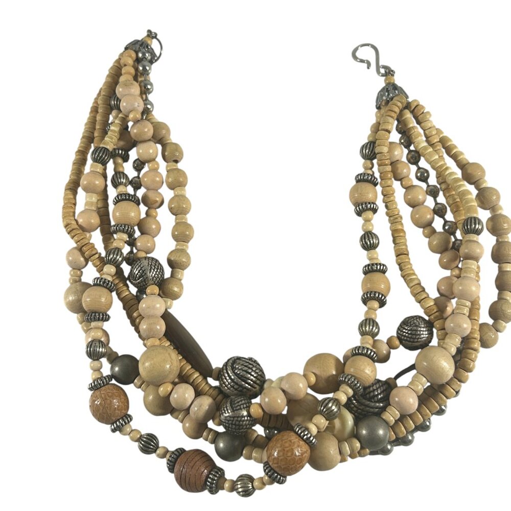 Multi Strand Beaded Necklace Wood Metal Brown Silver Tone Tribal Boho Earth Tone - Picture 3 of 9